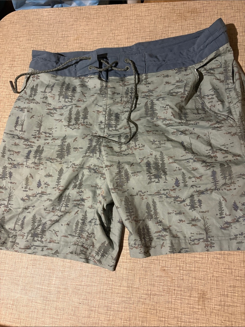 Men's Green Patterned Swim Trunks/  Shorts with Navy Waistband